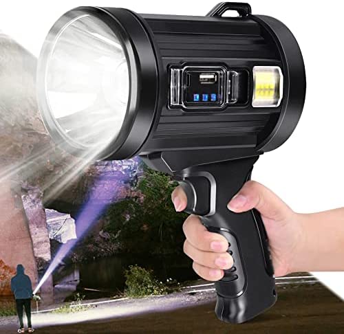 Rechargeable Spotlight Flashlights 90000 High Lumens, Super Bright Solar Spot Light with 6 Modes, 4 Color Light, IPX6 Waterproof Flashlight, Large Searchlight for Camping, Boating, Hiking, Fishing