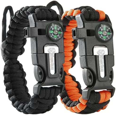 Atomic Bear Paracord Bracelet (2 Pack) – Adjustable – Fire Starter – Loud Whistle – Perfect for Hiking, Camping, Fishing and Hunting – Black & Black+Orange