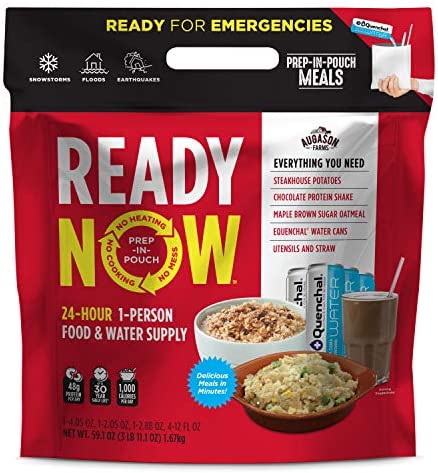 Augason Farms Ready Now Emergency Food Supply with Steakhouse Potatoes | Includes Emergency Water and Utensils | Prep-in-Pouch Meals | Camping Mess Kit | 25-Year Shelf Life