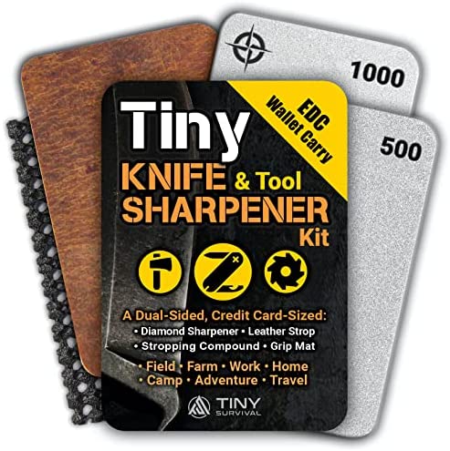 Tiny Survival Knife & Tool Sharpener KIT – Ultimate 4-in-1 EDC KIT: Double-Sided, Dual Grit, Credit Card Diamond Pocket Field Sharpening Stone DWS + Mini Strop + Stropping Compound + Grip Matt – Gift