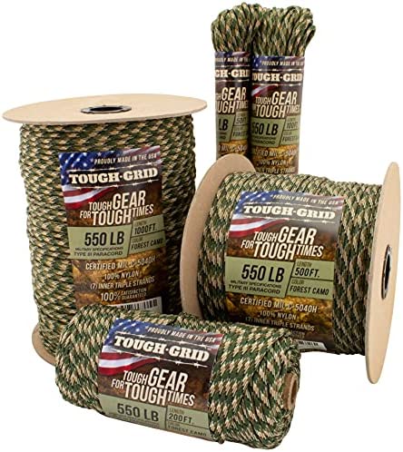 TOUGH-GRID 550lb Paracord / Parachute Cord – 100% Nylon Mil-Spec Type III Paracord Used by The US Military, Great for Bracelets and Lanyards – Made in The USA
