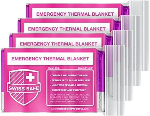 Swiss Safe Emergency Mylar Thermal Blankets + Bonus Gold Foil Space Blanket. Designed for NASA, Outdoors, Survival, First Aid, Pink, 4 Pack