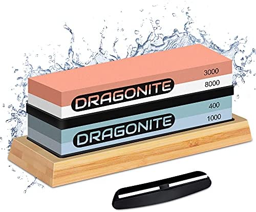 DRAGONITE Knife Sharpening Stone Set, 4 Side Grit 400/1000/3000/8000 Whetstone, Wet Stone Sharpening Kit With Bamboo Base And 2 Nonslip Rubber