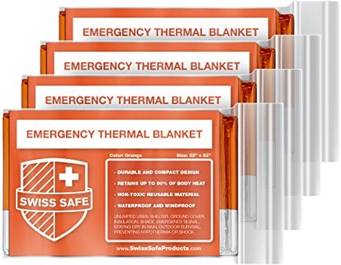 Swiss Safe Emergency Mylar Thermal Blankets + Bonus Gold Foil Space Blanket. Designed for NASA, Outdoors, Survival, First Aid, Orange, 4 Pack