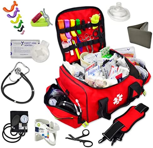 Lightning X Pre-Stocked EMS/EMT Trauma Kit w/ Large First Responder Bag & 256 First Aid Medical Supplies – RED