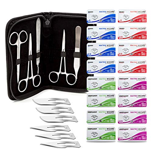 Sterile Sutures Thread with Needle Plus Tools – First Aid Field Emergency, Trauma Practice Suture Kit; Taxidermy; Medical, Nursing and Vet Students (16 Mixed 0, 2/0, 3/0, 4/0 with 12 Instruments) 28PK