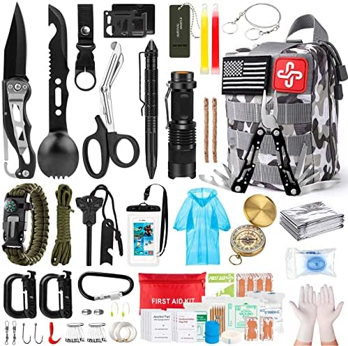 Survival Kit, 220Pcs Emergency Survival Gear First Aid Kit Molle System Compatible Outdoor Survival Gear,Emergency Kits with Trauma Bag for Camping Boat Hiking and Adventures, for Men