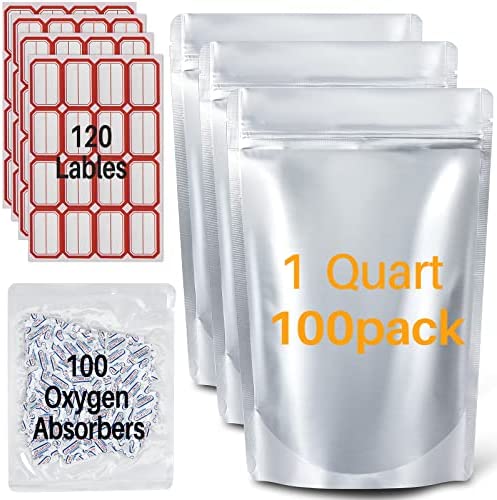 JTX 100Pk Mylar Bags for Food Storage(1Quart) With 300cc Oxygen Absorbers, 9.6Mil Heavy Duty Mylar Bags 9″x6″- Resealable Smell Proof Bags for Grains, Wheat, Rice, Dry Aging for Meat, Long Term Food Storage
