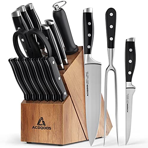 Knife Set, 17 Pcs Knife Set For Kitchen With Block, German Stainless Steel With Scissors, Knife Sharpener and 6 Serrated Steak Knive By ACOQOOS