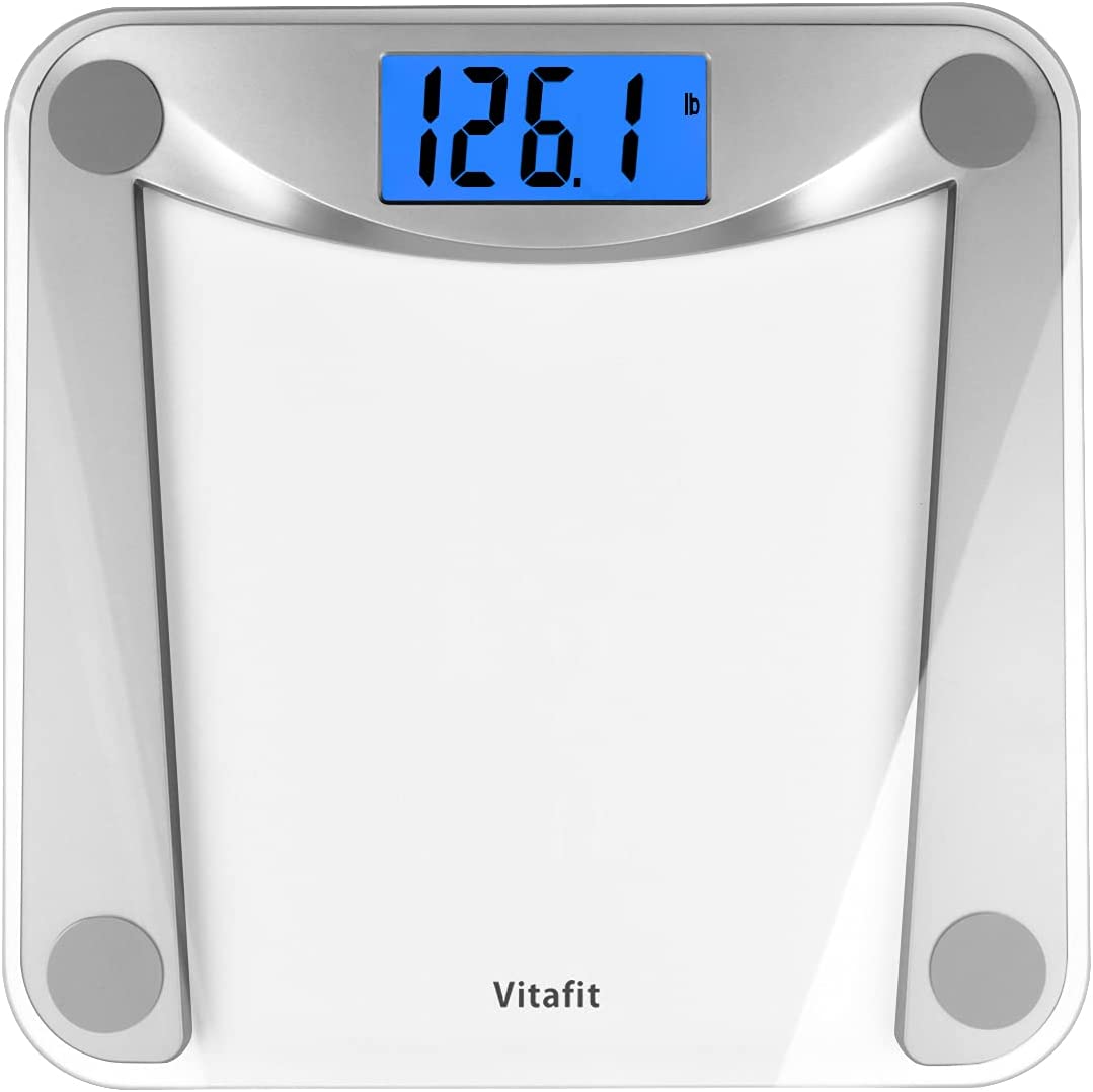 Vitafit Digital Body Weight Bathroom Scale,Focusing on High Precision Technology for Weighing Over 20 Years, Extra Large Blue Backlit LCD and Step-On, Batteries Included, 400lb/180kg,Clear Glass