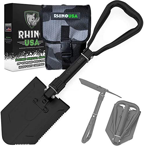 RHINO USA Folding Survival Shovel w/Pick – Heavy Duty Carbon Steel Military Style Entrenching Tool for Off Road, Camping, Gardening, Beach, Digging Dirt, Sand, Mud & Snow.