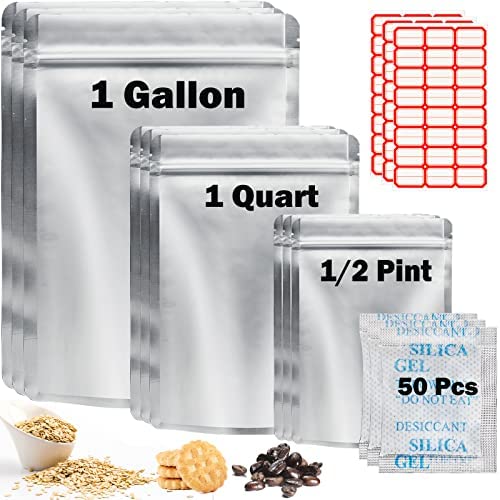 50 Pack Mylar Bags for Food Storage with Oxygen Absorbers, 1 Gallon Mylar Storage Bags 4.7 Mil 10″x14″, 7″x10″, 5″x7″ Stand-Up Zipper Resealable Bags for Grains Legumes and Long Term Food Storage
