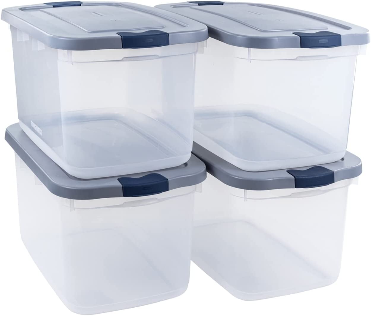 Rubbermaid Roughneck Clear 66 Qt/16.5 Gal Storage Containers, Pack of 4 with Latching Grey Lids, Visible Base, Sturdy and Stackable, Great for Storage and Organization