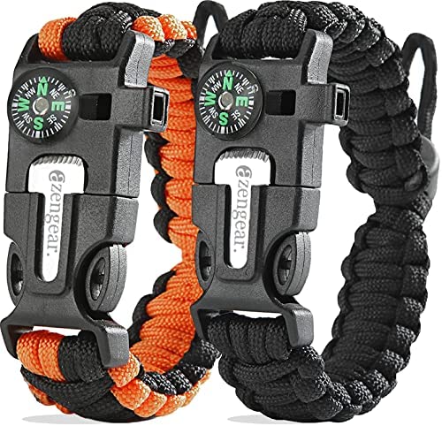 Paracord Survival Bracelets (Pair) | Flint & Steel Fire Starter, Whistle, Compass, Mini Saw | Adjustable Band Size for Camping, Bushcraft, Emergency Kit (Black & Orange (Pair))