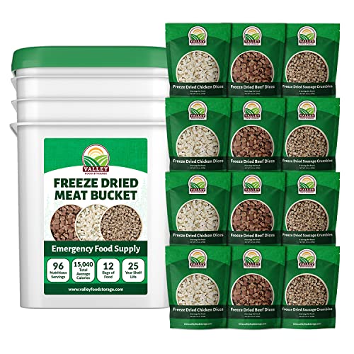Valley Food Storage Freeze Dried Meat Bucket | 92 Serving Premium Emergency Food Supply, Contains 1,352 g Protein | Survival Food 25 Year Shelf Life | Camping Food, Backpacking Meals, Prepper Supplies