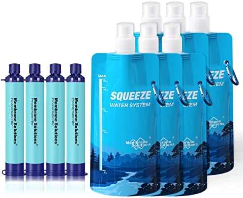 Membrane Solutions Squeeze Water Filtration System, Survival Water Purifier Kit, Portable Backpacking Gear Including Water Filter Straw and 23oz Collapsible Water Bottle for Hiking Camping Travel(4+6)