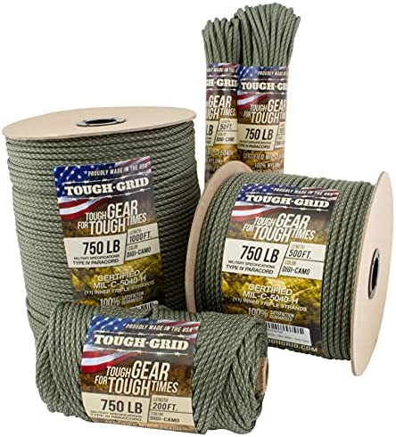 TOUGH-GRID 750lb Paracord / Parachute Cord – 100% Nylon Mil-Spec Type IV Paracord Used by The US Military, Great for Bracelets and Lanyards – Made in The USA