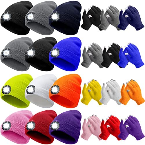 JaGely 24 Pcs LED Beanie Hats Gloves Bulk for Men and Women, Unisex Rechargeable 4 LEDs Headlamp Flashlight Knitted Cap with Touch Screen Winter Running Camping Outdoor Activities Christmas Gift