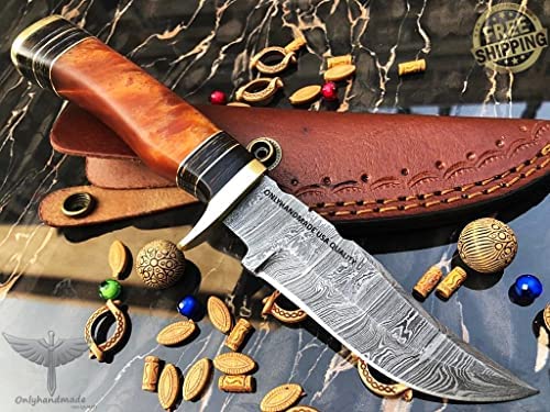 ONLYHANDMADE 8″ Beautiful Damascus Knife Made of Remarkable Damascus Steel and Exotic Wood -Its A Hunting Knife with Sheath OHM-063 (Dark Orange Resin)