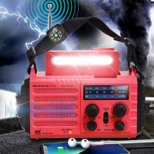 NOAA Emergency Weather Alert Radio Hand Crank Solar AM FM SW Radio Battery Operated Prepper Supply with Phone Charger,Earphone Jack,LED Flashlight,Reading Lamp,Rechargeable Survival Kit for Hurricane