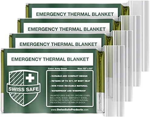 Swiss Safe Emergency Mylar Thermal Blankets + Bonus Gold Foil Space Blanket. Designed for NASA, Outdoors, Survival, First Aid, Army Green, 4 Pack