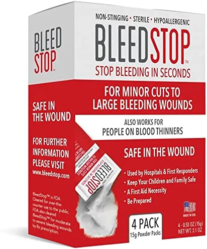 BleedStop™ First Aid Powder for Blood Clotting, Trauma Kit, Blood Thinner Patients, Camping Safety, and Survival Equipment for Moderate to Severe Bleeding Wounds or Nosebleeds – 4 (15g) Pouches
