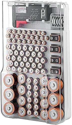 The Battery Organizer and Tester with Cover, Battery Storage Organizer and Case, Holds 93 Batteries of Various Sizes, Includes a Removable Battery Tester, Battery Holder for Garage Organization, White