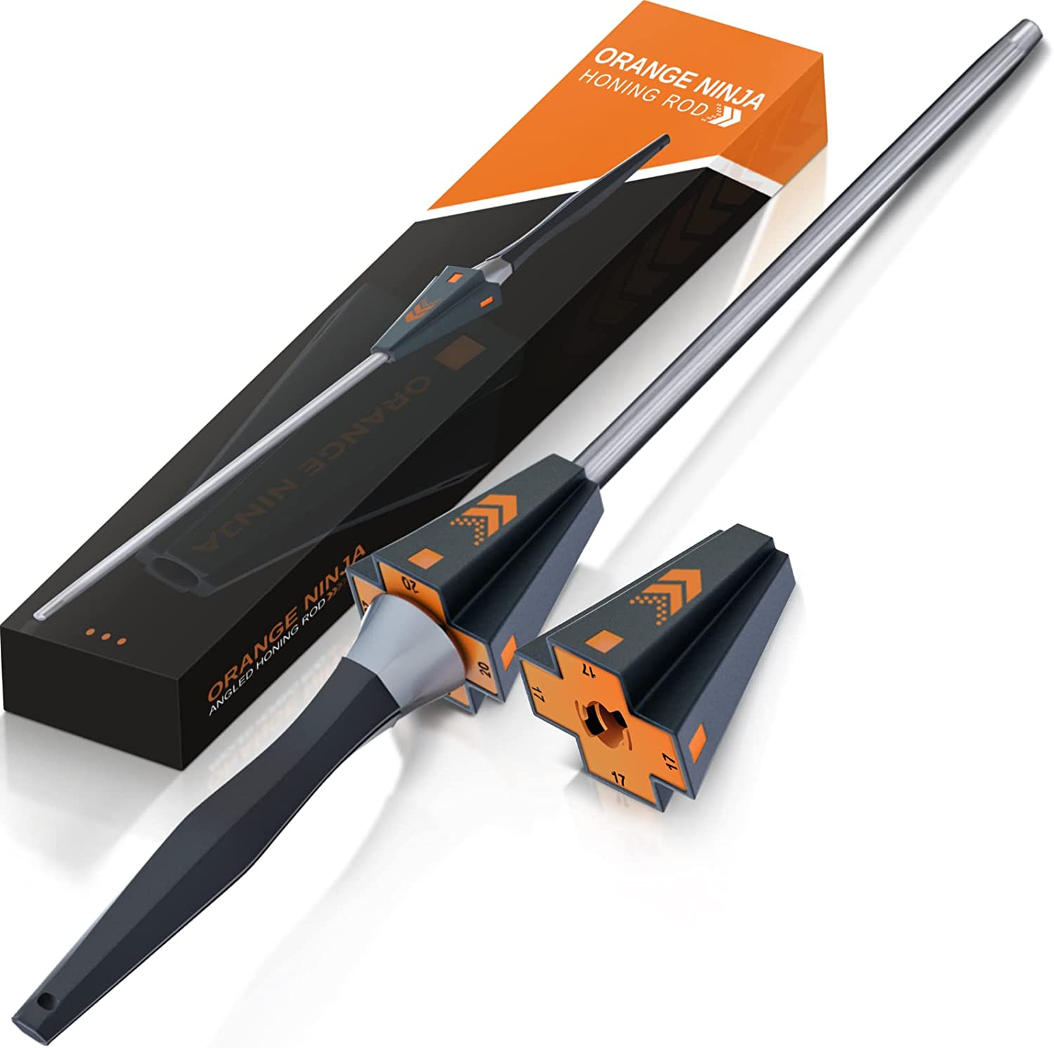 Orange Ninja Knife Sharpening Rod with Adjustable Angle Guides 17° & 20°-Knife Honing Steel for kitchen knives, High Carbon Steel Knife Sharpeners, Kitchen Knife Sharpener Rod