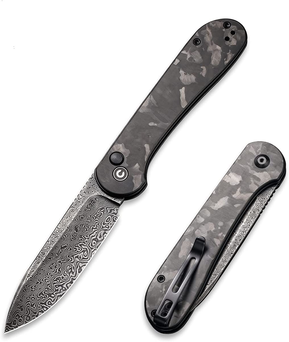 CIVIVI Pocket Folding Knife with 3.47" Damascus Blade Marble Carbon Fiber Handle, Button Lock Elementum Knife for EDC C2103DS-3