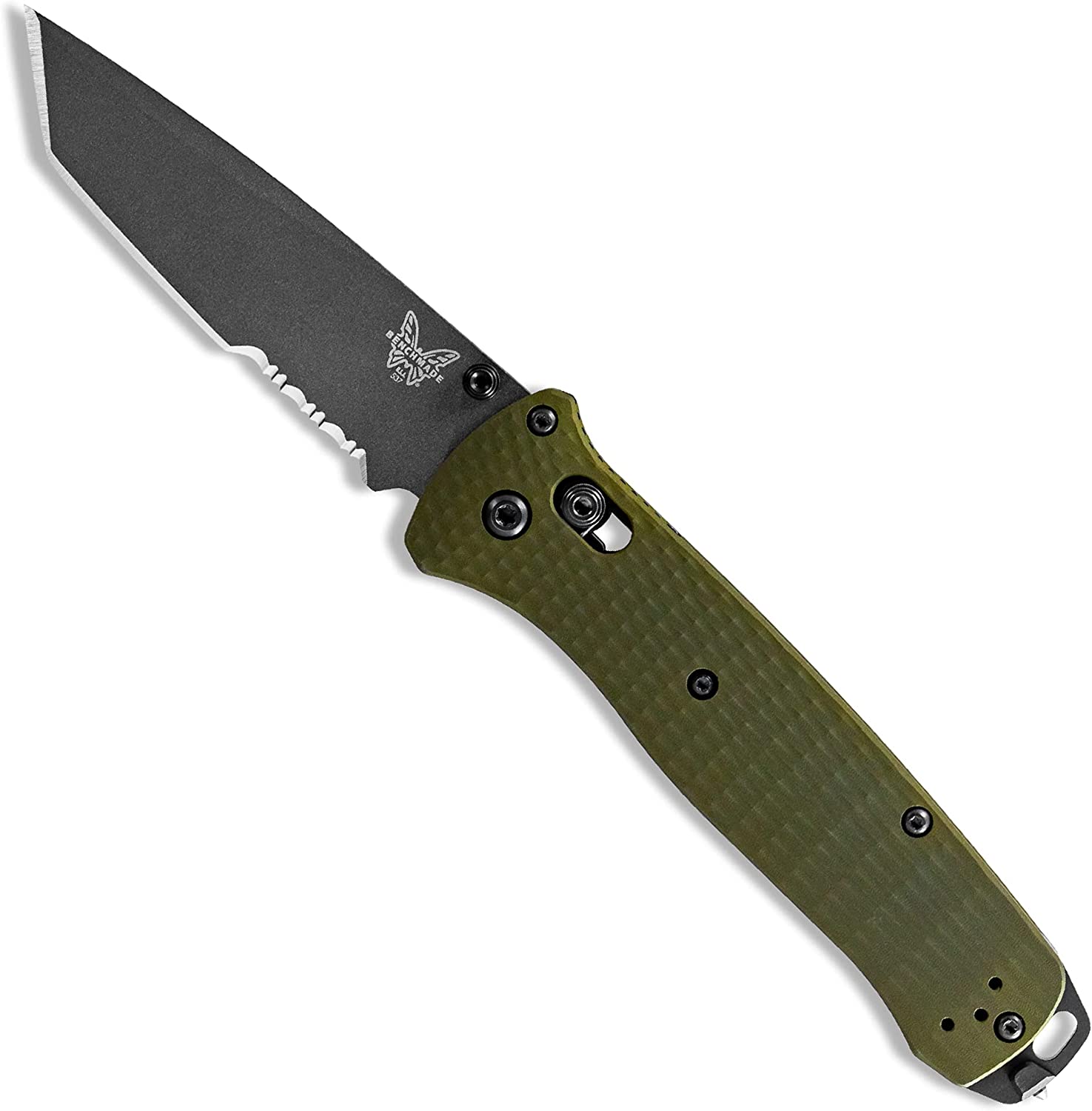 Benchmade – Bailout Axis Serrated Edge, Gray Coated Tanto Blade, Green 60161-T6 Aluminum Handle, Made in the USA