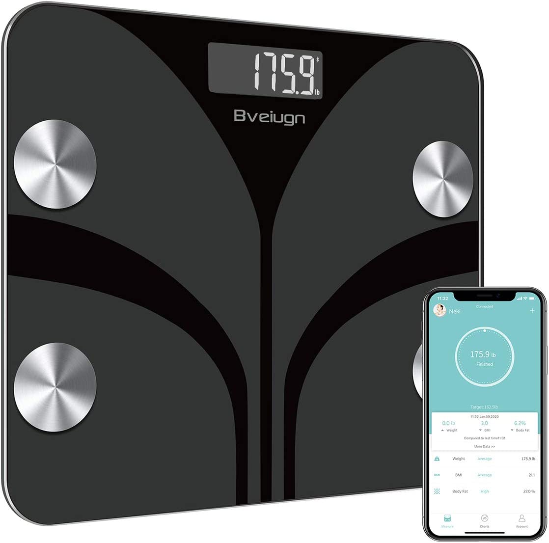 Scale for Body Weight, Bveiugn Digital Bathroom Weight Scales for People, Weighing Machine for Fat Water Muscle BMI, Body Composition Monitor Health Analyzer with Smartphone App, 400lb