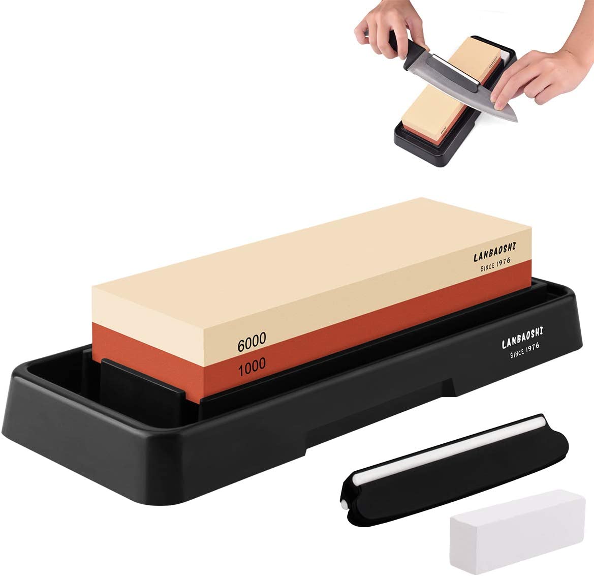 Knife Sharpening Stone Set, 2 Side Grit Whetstone 1000/6000 Chef Knife Sharpener Stone Kit, Waterstone with Nonslip Base, Angle Guide, Fixer Stone for Pocket Knife Kitchen Razor Clippers Blades