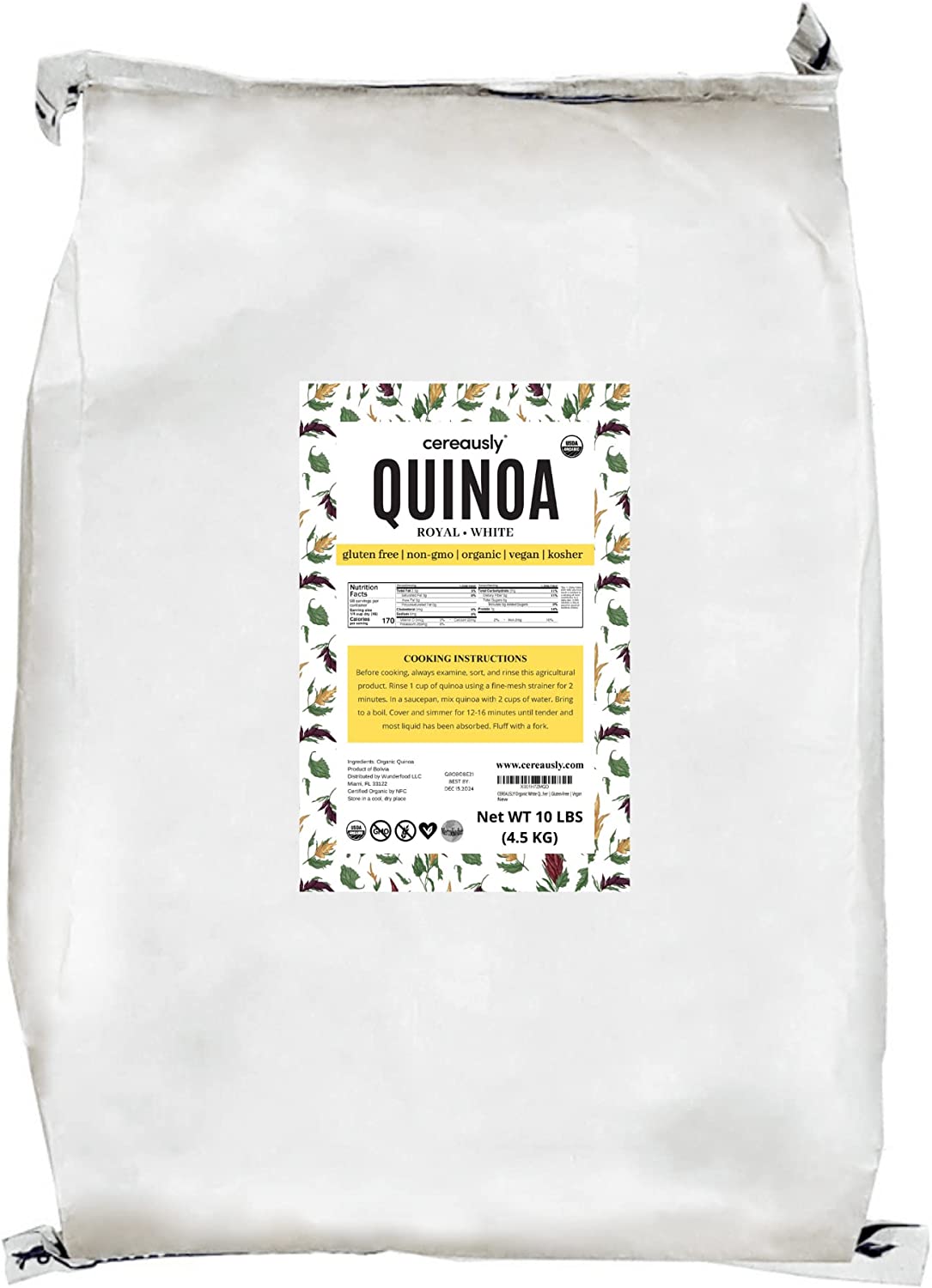 CEREAUSLY Organic White Quinoa in Bulk | 10 Lb | Restaurants | Wholesale | Bolivian | Royal | NON-GMO | Kosher | Gluten-Free | Vegan