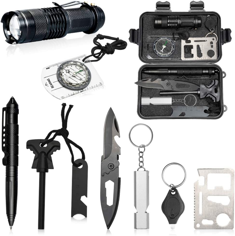 Survival Kit 9 in 1, Owlbbabies Survival Gear and Equipment, Christmas Cool Gadgets Gifts for Men Dad Teen Boy, Tactical Survival Tool with Compass Starter Flashlight for Cars Hiking Camping Fishing