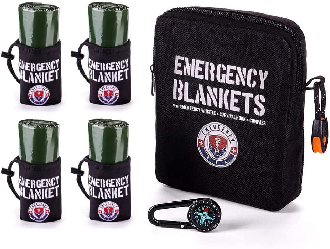 Emergency Blanket Survival Kit – 4 Mylar Reflective Thermal Blankets, Compass, Emergency Whistle – Perfect Addition to First Aid Supplies, Bug Out Survival Gear and Emergency Preparedness Items