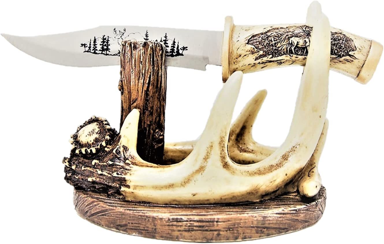 BestGiftEver Carved Handle Decorative Deer Buck Blade Knife with Faux Antler Display Stand Hunting Cabin Home decoration