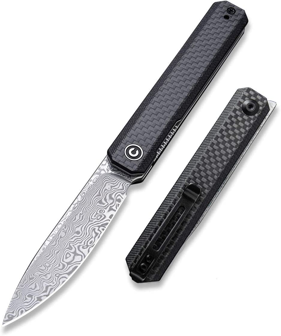 CIVIVI Exarch Damascus Pocket Knife, Front Flipper Small Knife with 3.22 Inch Hollow Grind Blade, Twill Carbon Fiber Overlay On G10 Handle,Deep Carry Pocket Clip ,Lightweight Outdoor Knife C2003DS-1