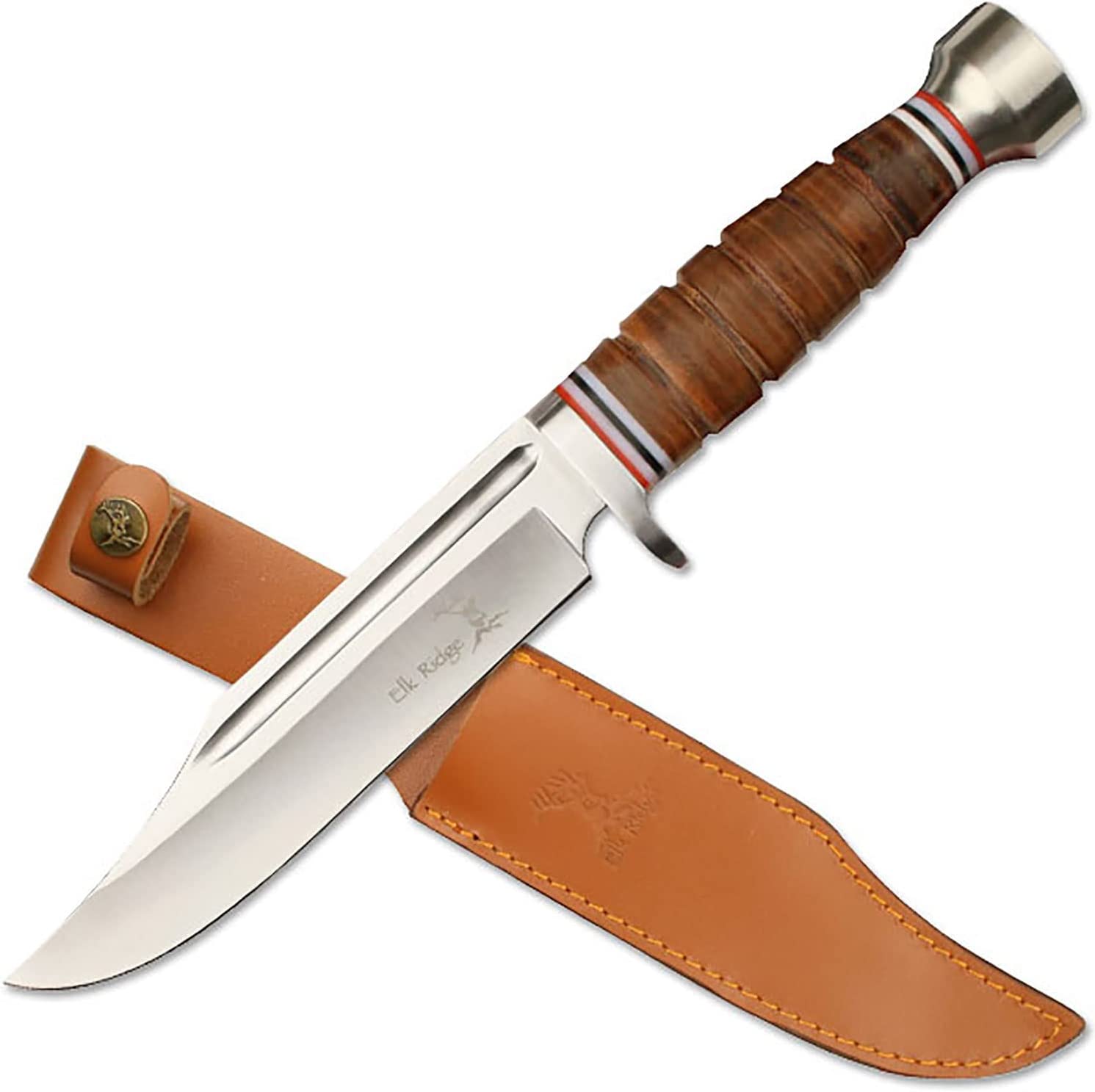 Elk Ridge – Outdoors Fixed Blade Knife – 12-in Overall, 6.25-in Stainless Steel Blade, Full Tang Knife, Leather Wrapped Handle, Leather Sheath – Hunting, Camping, Survival – ER-047