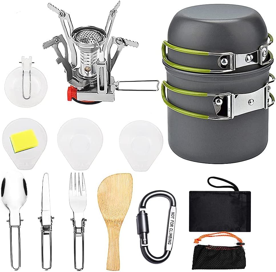 OUOYYO 13pcs Camping Cookware Mess Kit Backpacking Stove Camping Pots and Pans Set Carabiner Folding Knife Fork Spoon Kit Carry Mesh Bag for Overnight Backpacking Trip Hiking Picnic