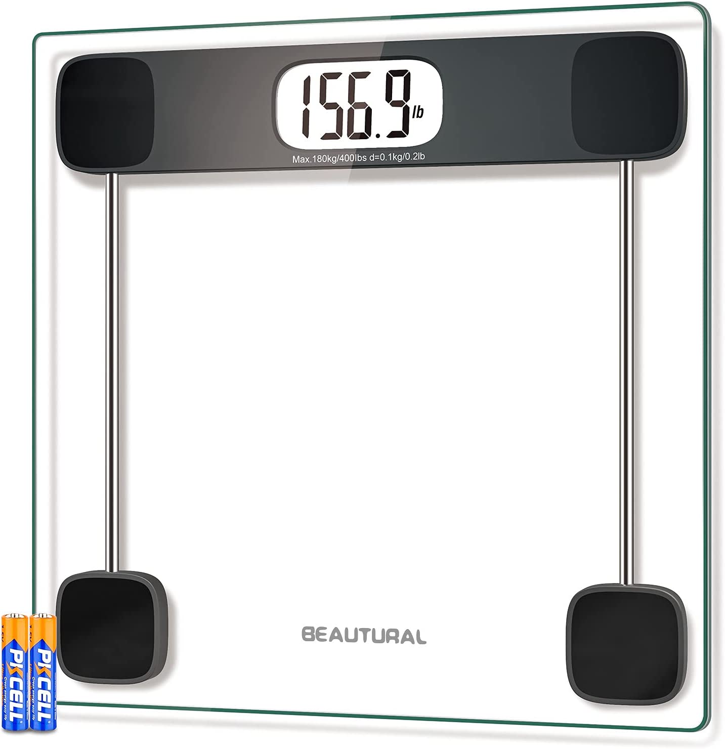 BEAUTURAL Digital Bathroom Scale for Body Weight, Accurate Weighing Scale High Precision Bath Scale for People with Step-On Technology, LCD Display, 400lbs, Batteries and Tape Measure Included