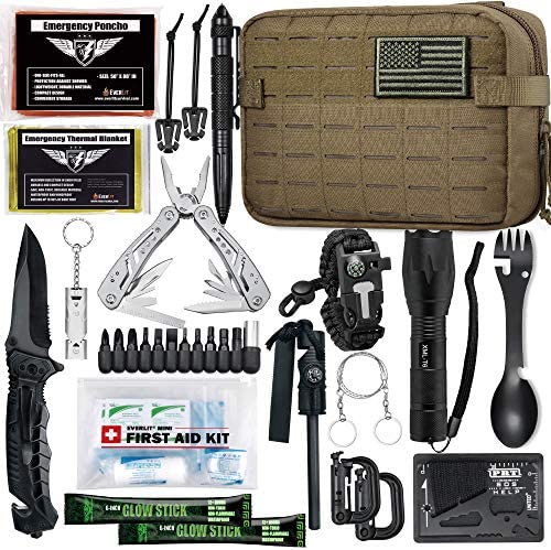 EVERLIT [Advanced] Emergency Survival Kit Gear Tool First Aid Kit SOS Emergency Tactical Flashlight Blanket Bracelets Compass with Molle Pouch for Camping Adventures
