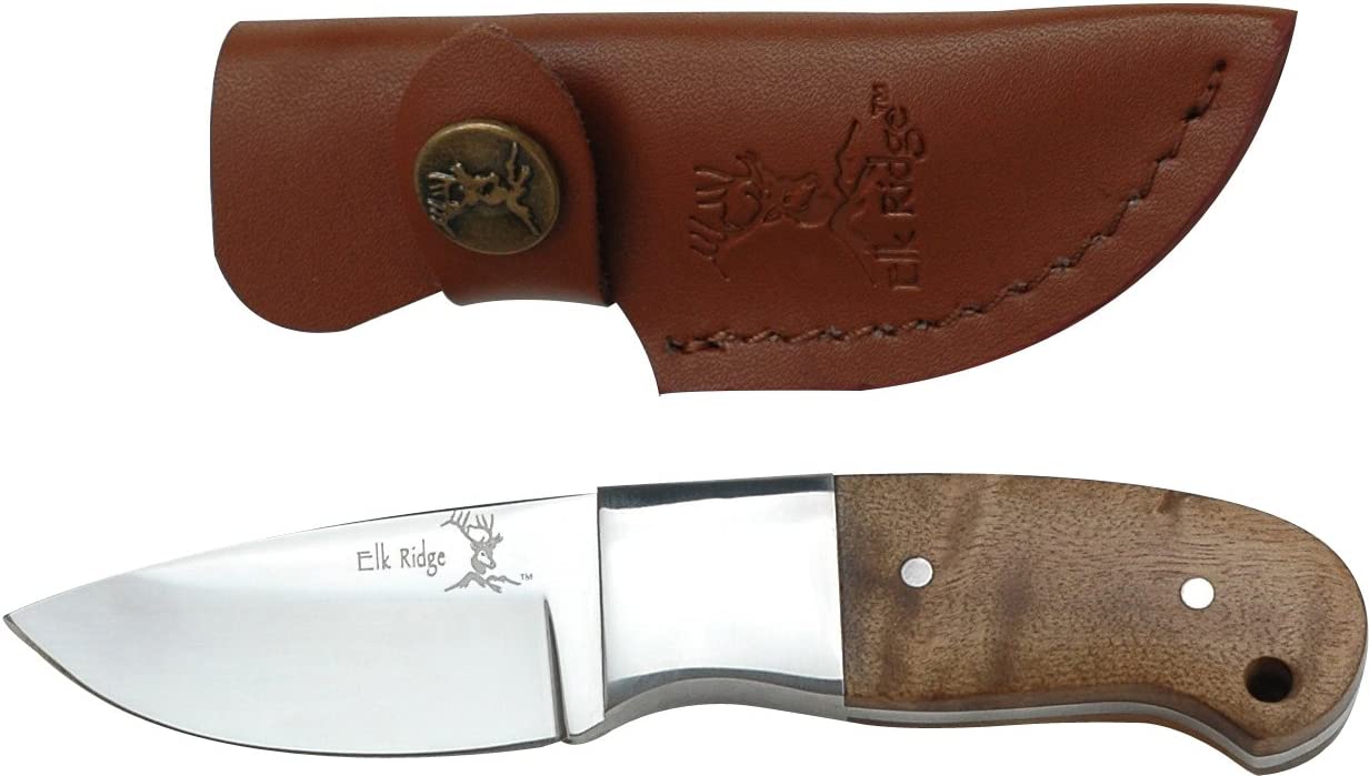 Elk Ridge – Outdoors Fixed Blade Knife – 5-in Overall, 440 Stainless Steel Mirror Polished Blade, Burl Wood Handle, Leather Sheath – Hunting, Camping, Survival, Everday – ER-111
