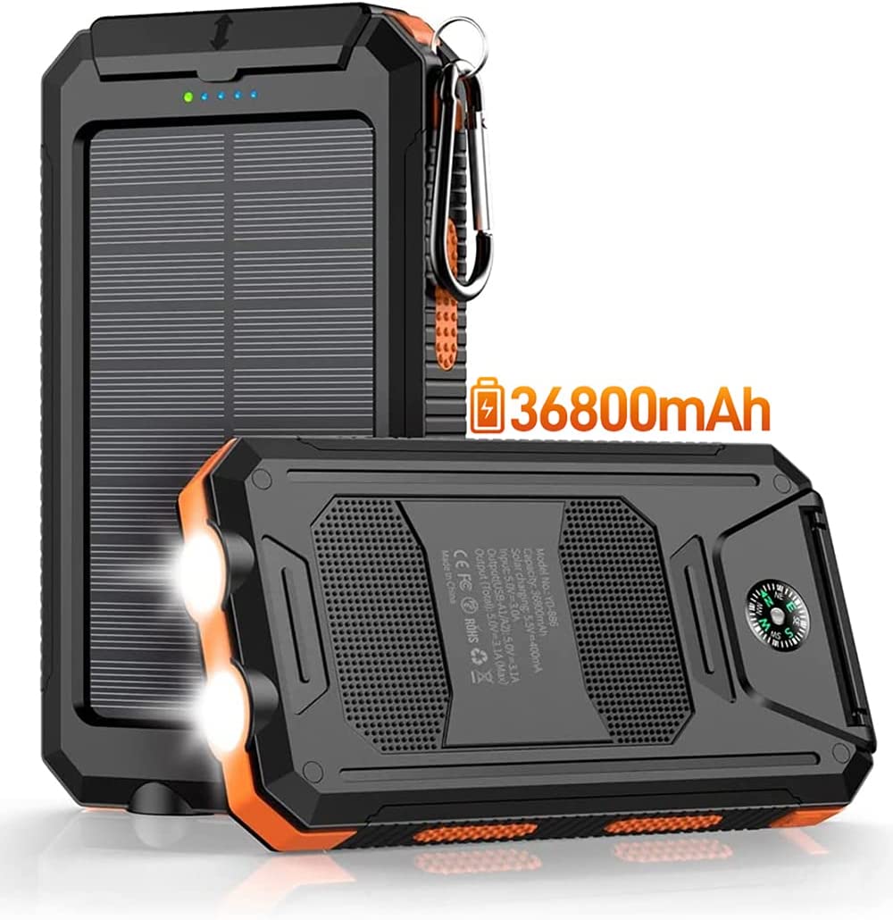 Power-Bank-Portable-Charger-Solar – 36800mAh Waterproof Portable External Backup Battery Charger Built-in Dual QC 3.0 5V3.1A Fast USB and Flashlight for All Phone and Electronic Devices (Orange)