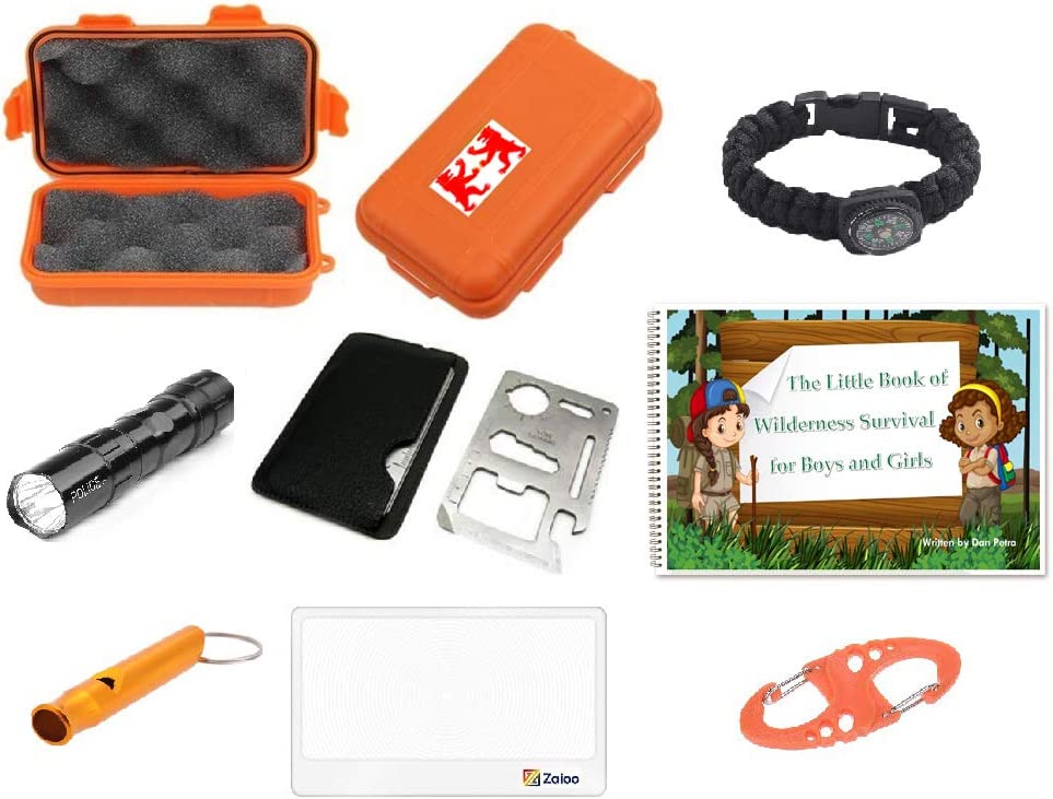 Outdoor Adventure Kit for Boys and Girls ♥ The Little Book of Wilderness Survival, Waterproof Box, Multi-Functional Tool, Magnifying Lens, Paracord Bracelet with Compass, Whistle, Flashlight, Hook