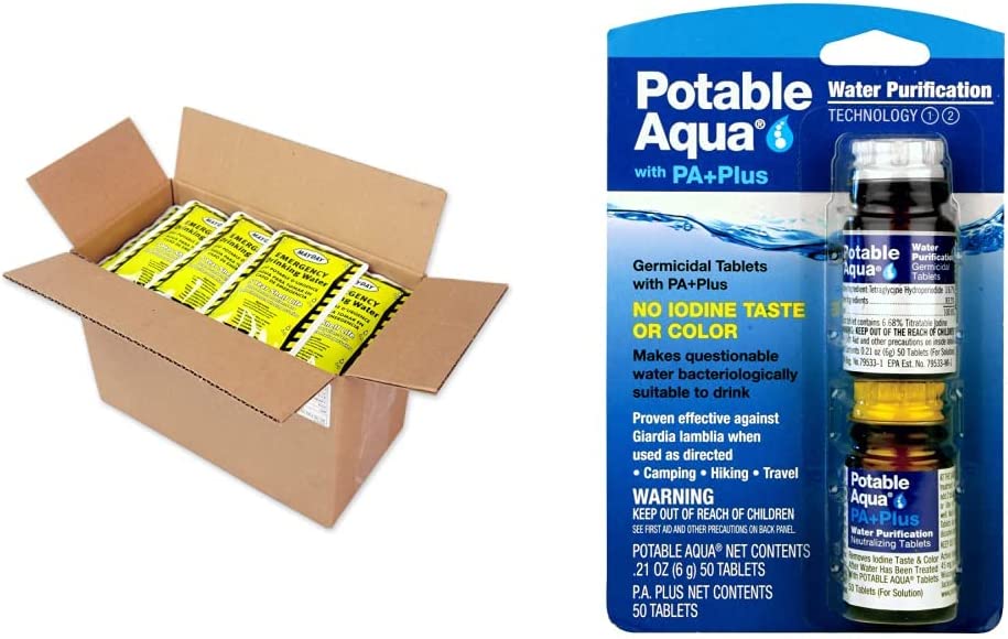 Mayday Pouch Water, Coast Guard Emergency Water, 4.225 Oz/125Ml 100 Pack & Potable Aqua Water Purification Tablets With PA Plus – Two 50 count Bottles