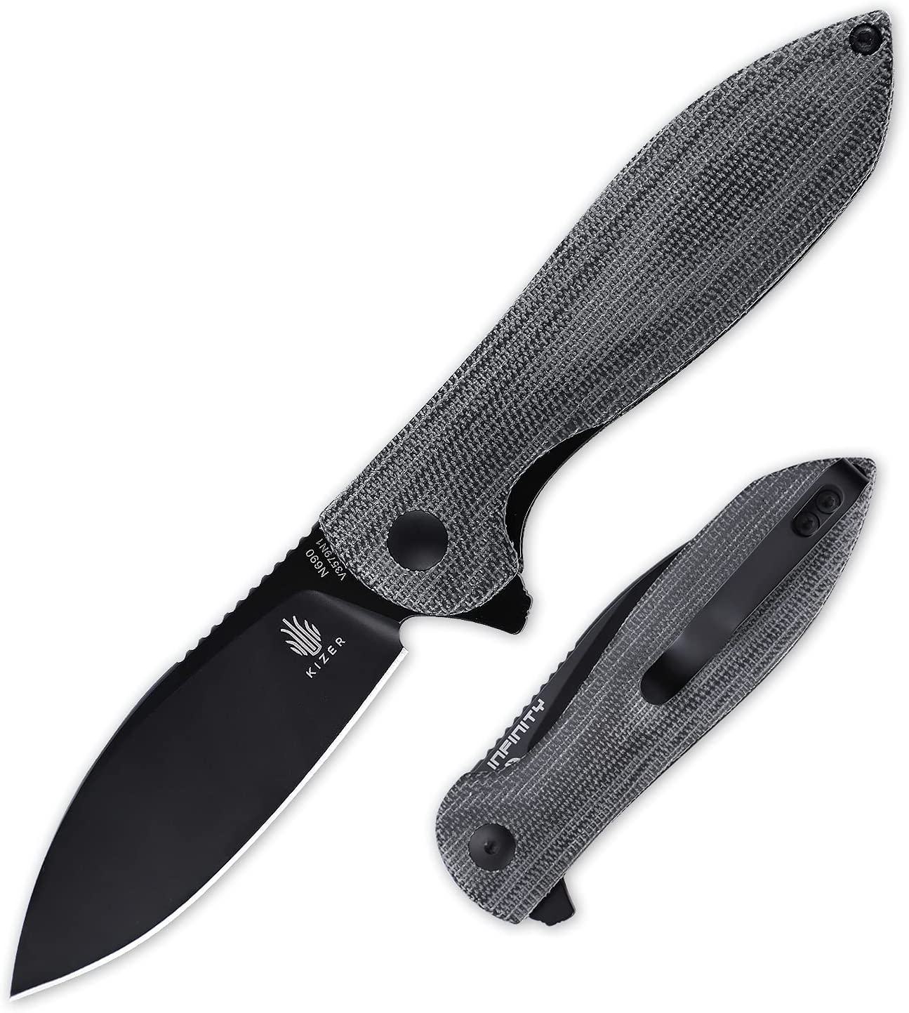 Kizer Infinity, Micarta Handle Pocket Knife with 2.95 Inches N690 Blade, Flipper, Folding Knives for Outdoor, Camping, EDC -V3579N1 (Black Micarta Handle+Black N690 Blade)