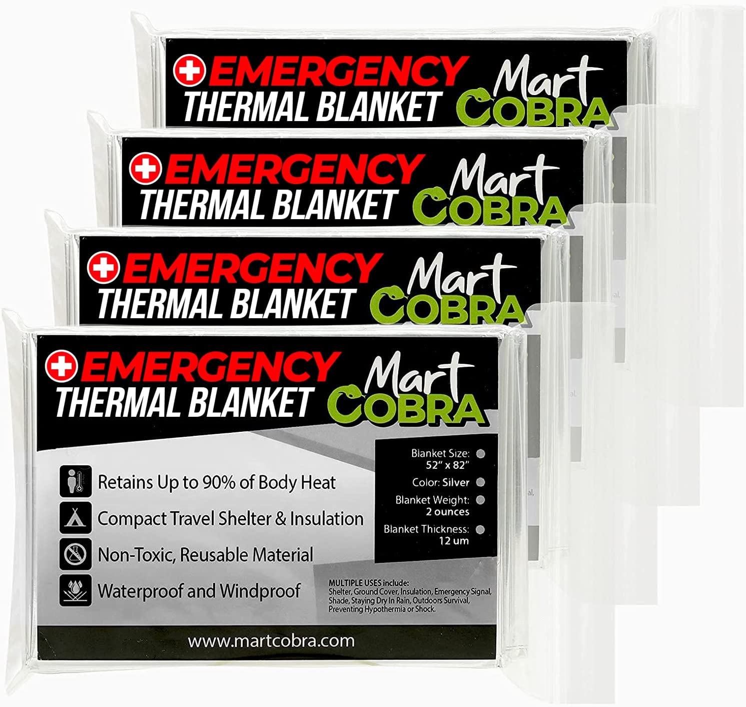 Emergency Blankets for Survival Gear and Equipment x4, Space Blanket, Mylar Blankets, Thermal Blanket, Survival Blanket, Survival Kits Emergency Kit, Emergency Supplies, Foil Blanket Camping Shelter