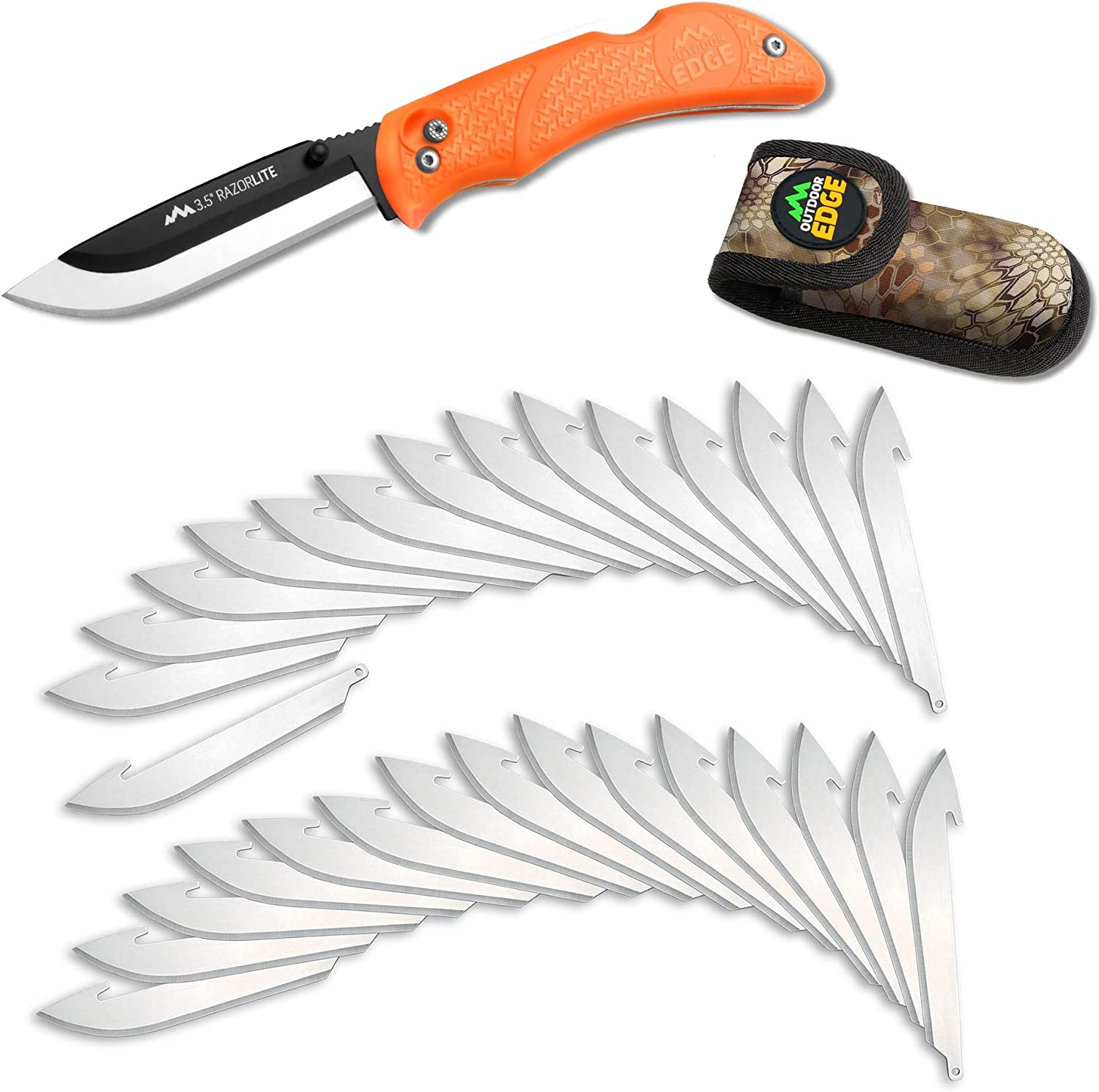 OUTDOOR EDGE RazorLite – Replaceable Blade Folding Hunting Knife with Rubberized Nonslip TPR Handle, Camo Nylon Belt Sheath, (Orange, 30 Blades)