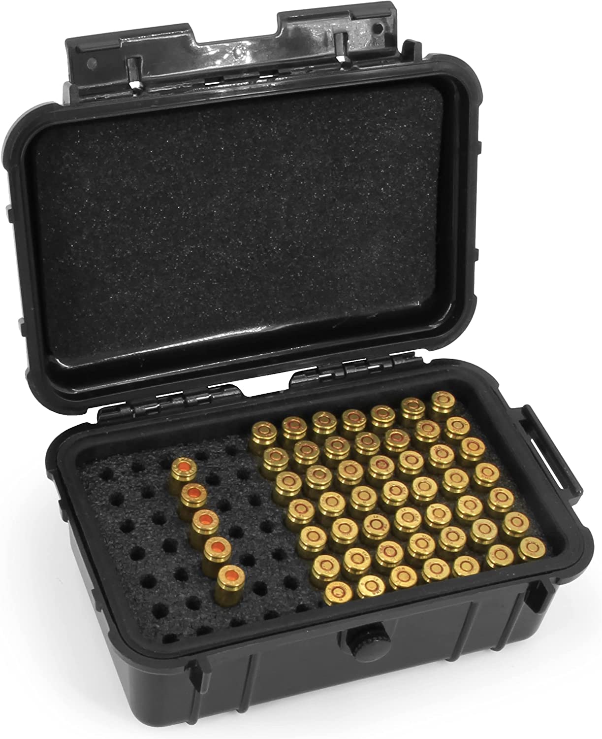CASEMATIX Hard Shell 9mm Ammo Box for 5.56, 223 or 9mm Bullets – 8" Waterproof Airtight 84 Slot Ammo Case with Custom Impact Absorbing Ammo Can Foam, Compact Design Fits in Range Bags or Ammo Boxes