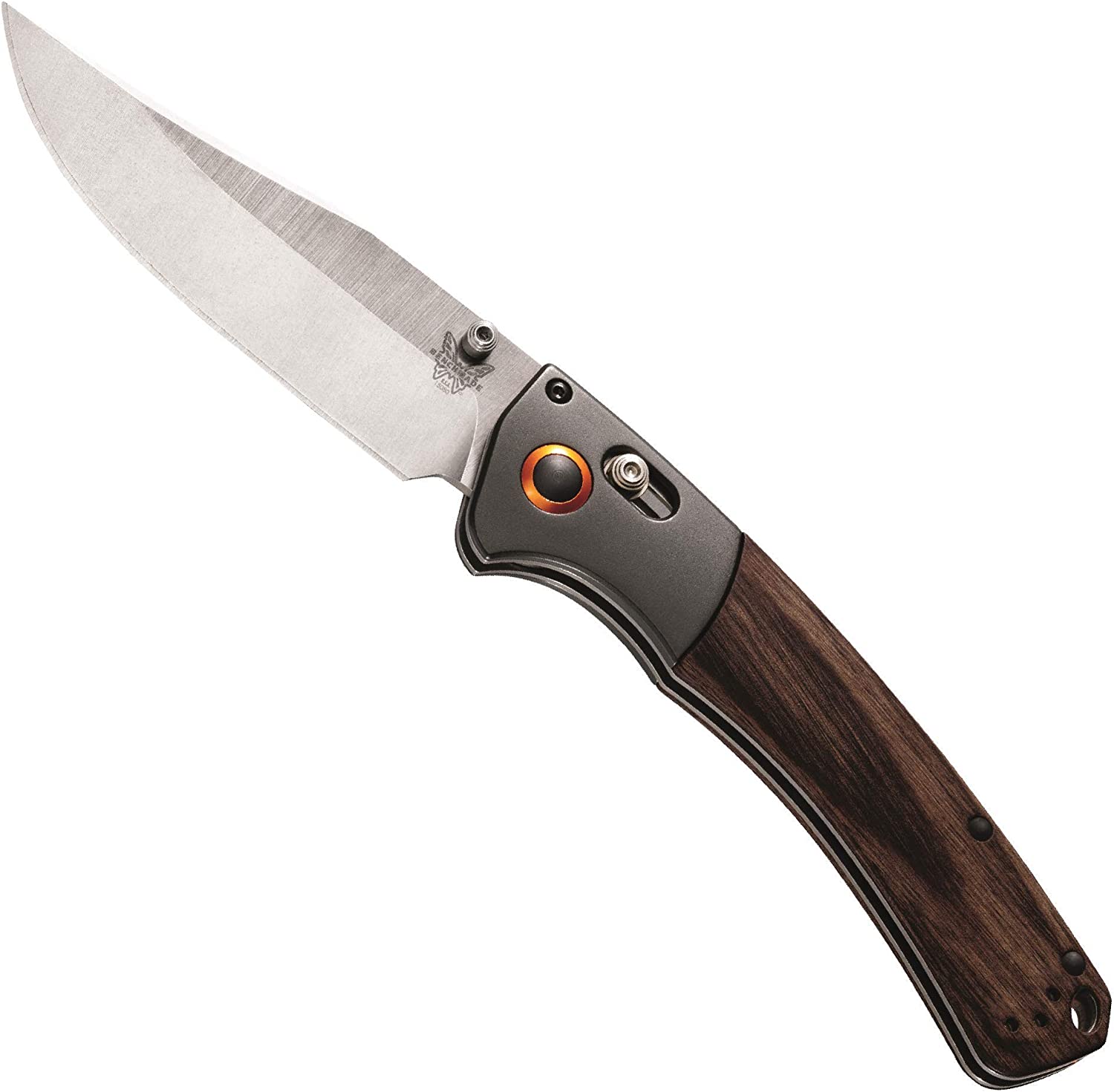 Benchmade – Mini Crooked River 15085-2 EDC Manual Open Hunting Knife Made in USA, Clip-Point Blade, Plain Edge, Satin Finish, Wood Handle, Dark Brown
